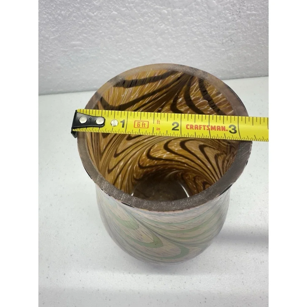 Teleflora Brown Iridescent Peach Opaque Art Glass Vase W/ Swirl Design 7